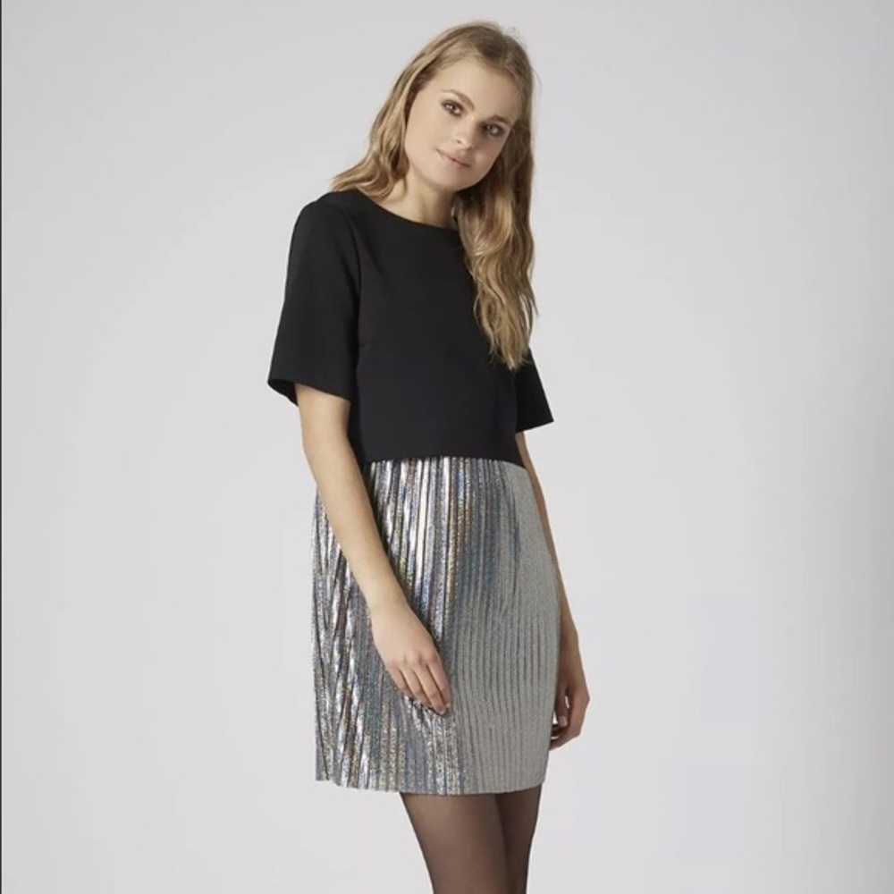 Topshop metallic pleated overlay dress SZ 2